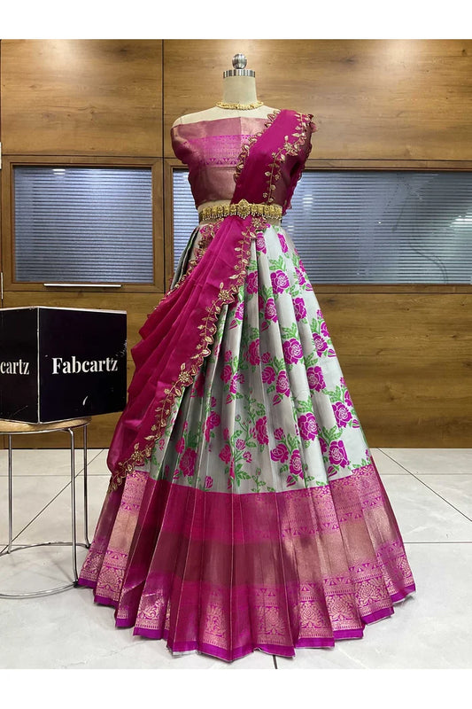 RoseRango Women's Woven Design zari work Half Saree with Embroidered Blouse and Dupatta