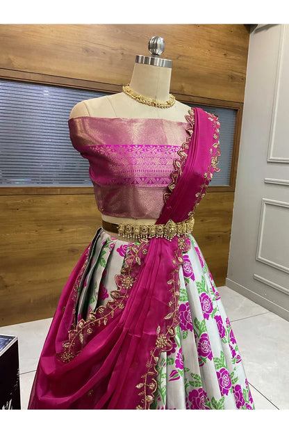 RoseRango Women's Woven Design zari work Half Saree with Embroidered Blouse and Dupatta