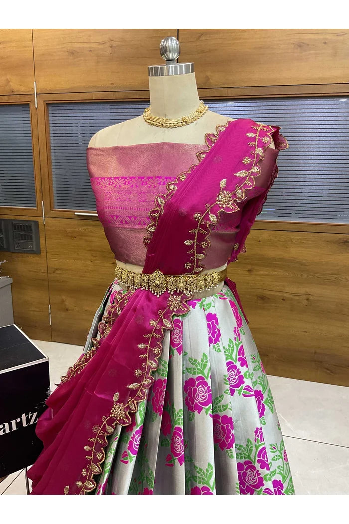 RoseRango Women's Woven Design zari work Half Saree with Embroidered Blouse and Dupatta