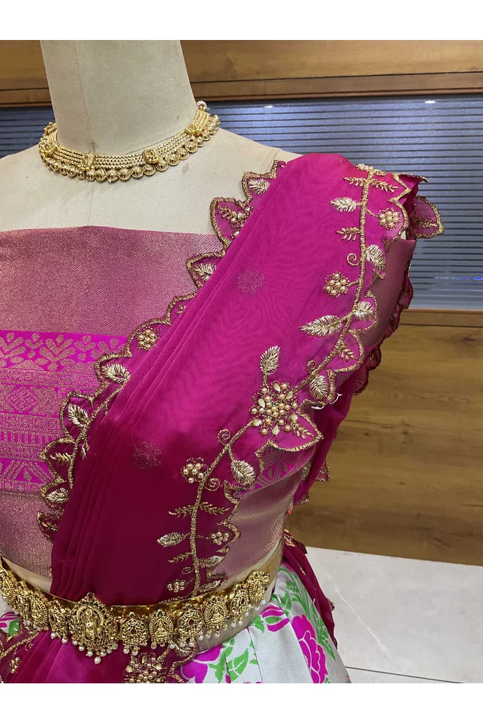 RoseRango Women's Woven Design zari work Half Saree with Embroidered Blouse and Dupatta