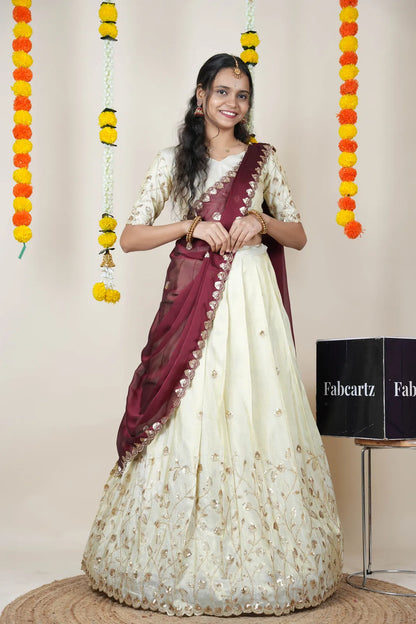 Satyabhumi Women's Embroidered Half Saree with Blouse and Dupatta