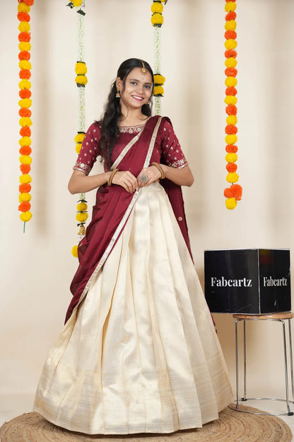 [Kiara (kv)]South Indian Festival Traditional Half Saree with Embroidered Blouse & Dupatta