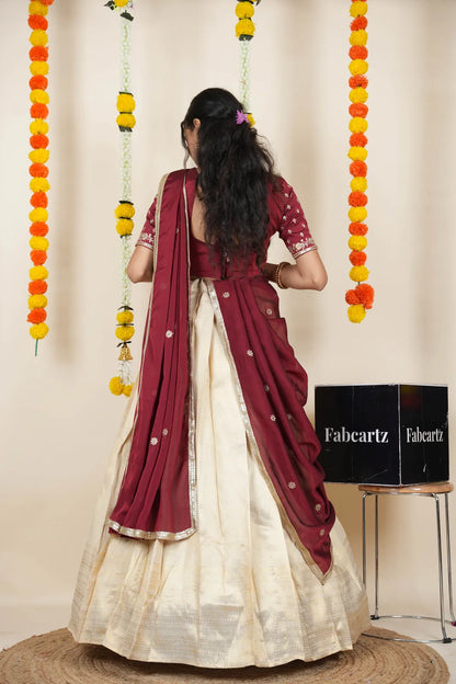 [Kiara (kv)]South Indian Festival Traditional Half Saree with Embroidered Blouse & Dupatta