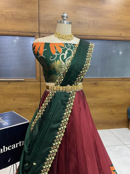 (HansRango) South Indian Festival Traditional Half Saree with Embroidered Blouse & Dupatta