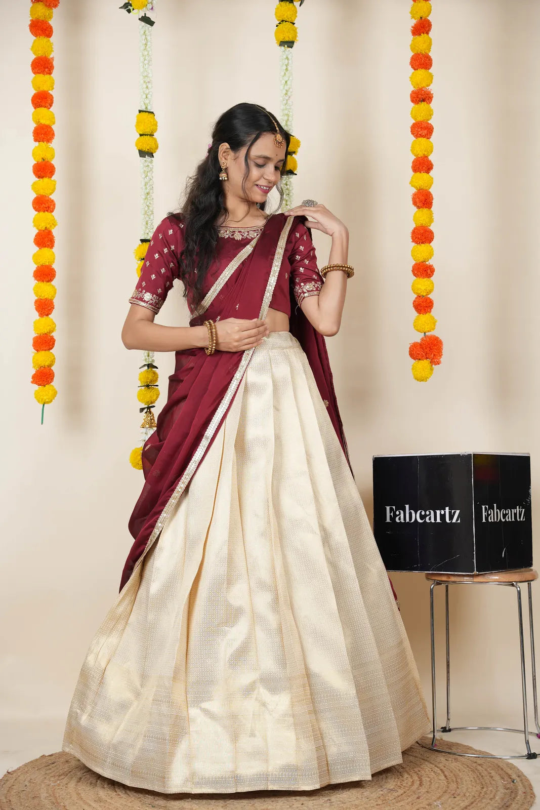 [Kiara (kv)]South Indian Festival Traditional Half Saree with Embroidered Blouse & Dupatta