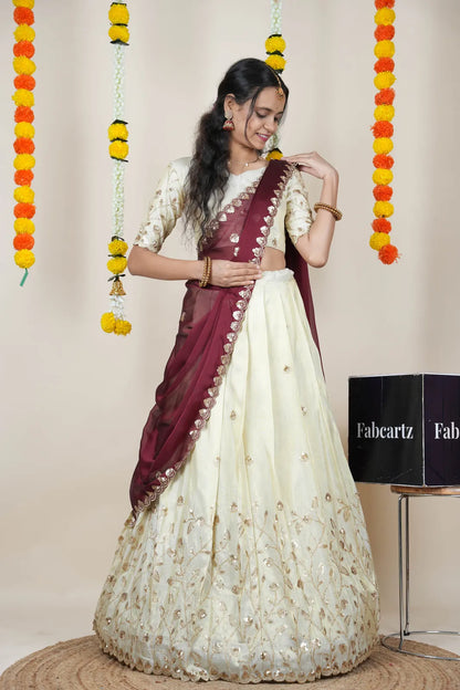 Satyabhumi Women's Embroidered Half Saree with Blouse and Dupatta