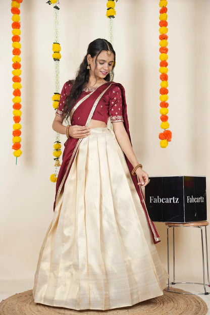 [Kiara (kv)]South Indian Festival Traditional Half Saree with Embroidered Blouse & Dupatta