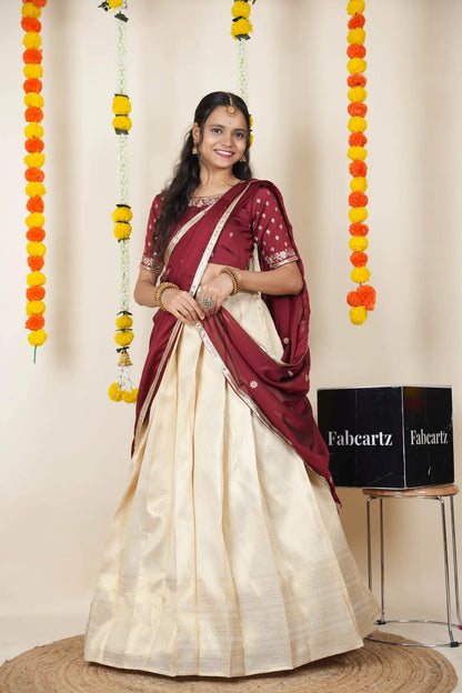 [Kiara (kv)]South Indian Festival Traditional Half Saree with Embroidered Blouse & Dupatta