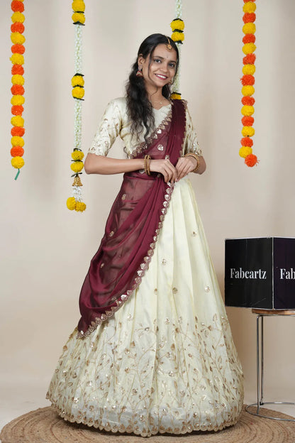 Satyabhumi Women's Embroidered Half Saree with Blouse and Dupatta