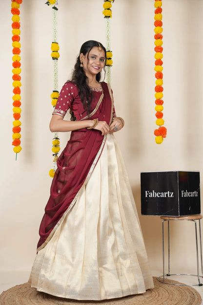 [Kiara (kv)]South Indian Festival Traditional Half Saree with Embroidered Blouse & Dupatta