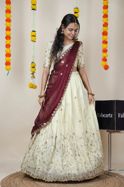 Satyabhumi Women's Embroidered Half Saree with Blouse and Dupatta