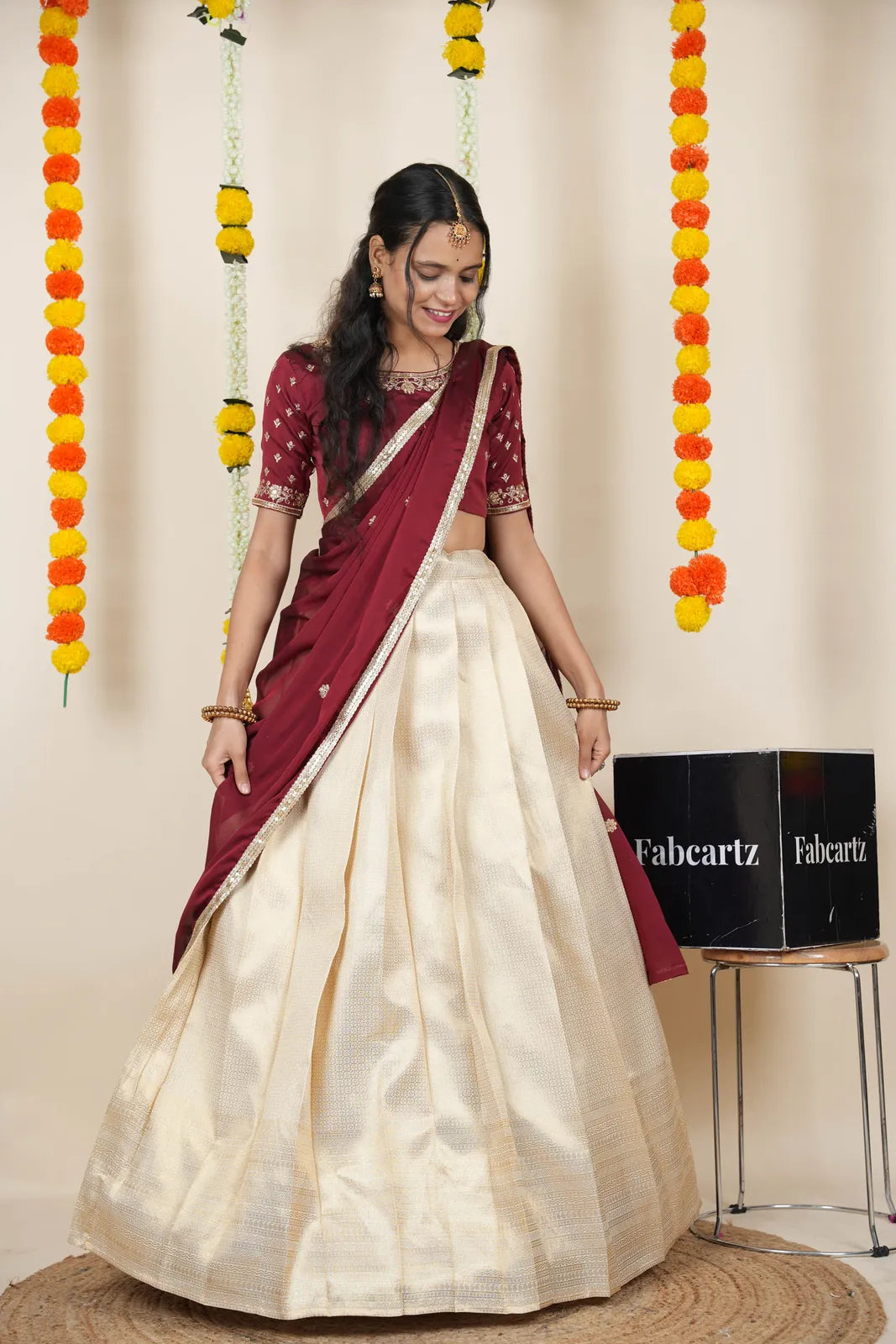 [Kiara (kv)]South Indian Festival Traditional Half Saree with Embroidered Blouse & Dupatta
