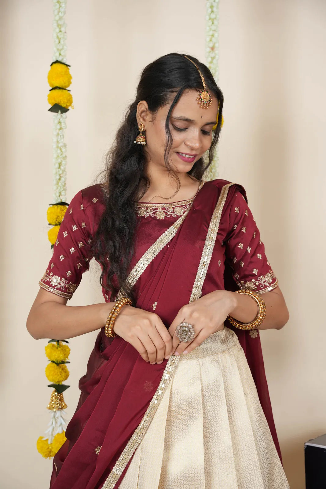 [Kiara (kv)]South Indian Festival Traditional Half Saree with Embroidered Blouse & Dupatta
