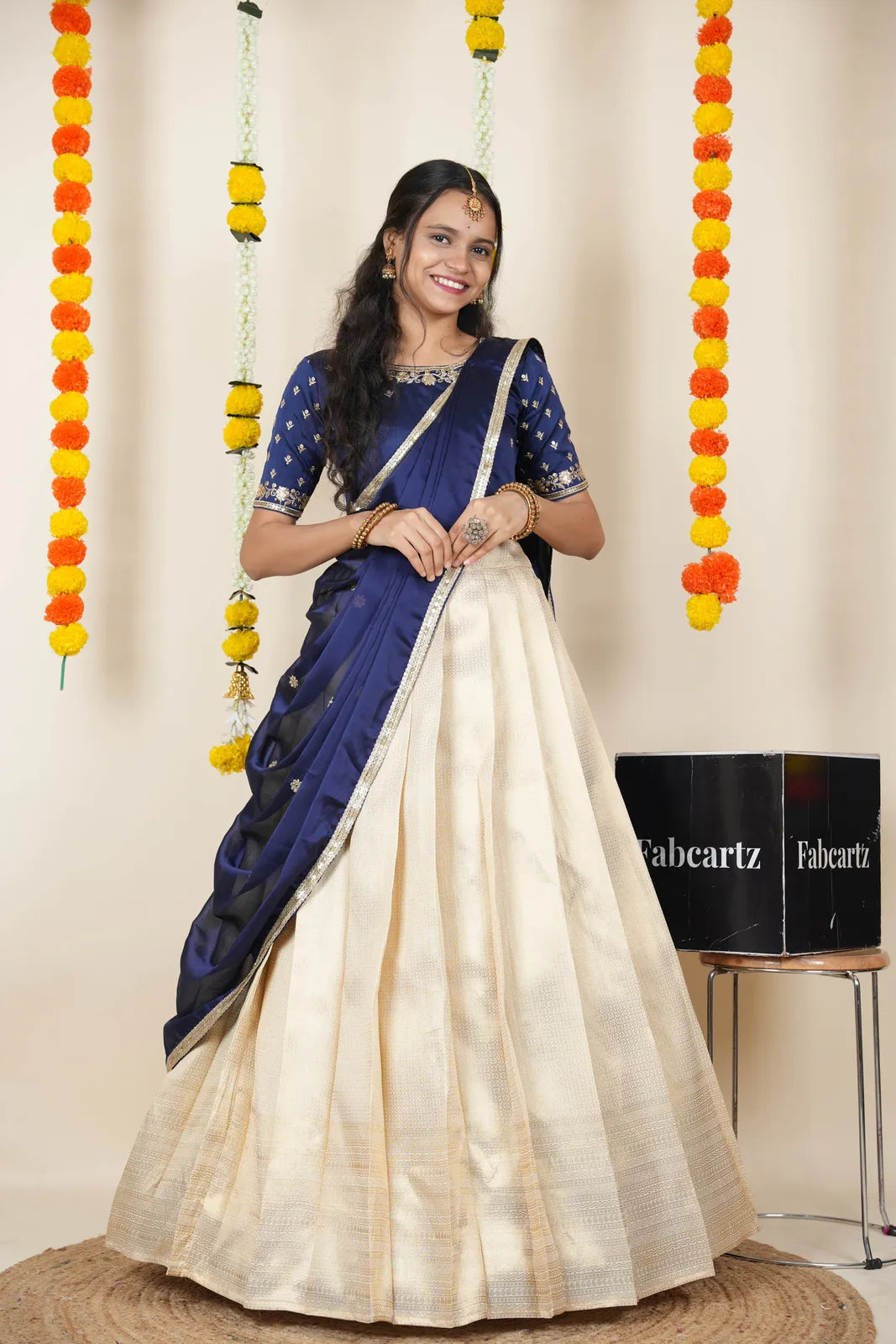 [Kiara (kv)]South Indian Festival Traditional Half Saree with Embroidered Blouse & Dupatta
