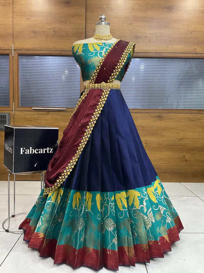 (HansRango) South Indian Festival Traditional Half Saree with Embroidered Blouse & Dupatta