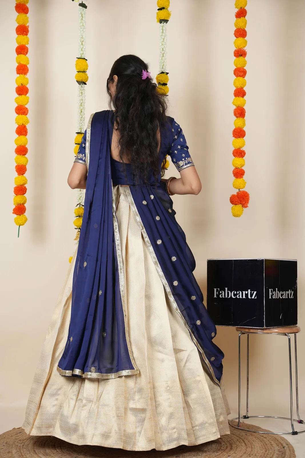 [Kiara (kv)]South Indian Festival Traditional Half Saree with Embroidered Blouse & Dupatta