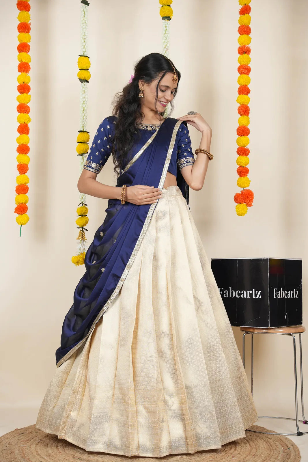 [Kiara (kv)]South Indian Festival Traditional Half Saree with Embroidered Blouse & Dupatta