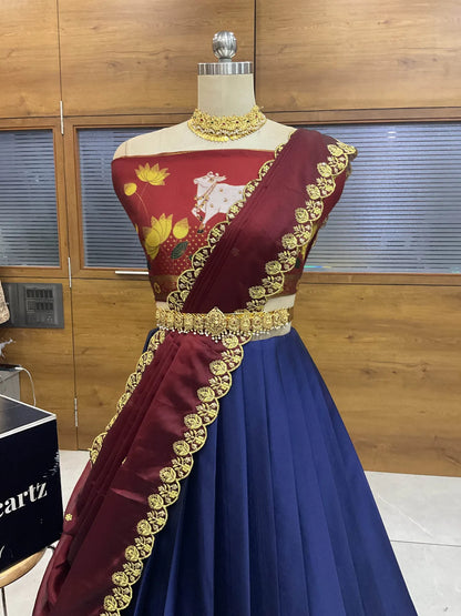 (KaamRango) South Indian Festival Traditional Half Saree with Embroidered Blouse & Dupatta