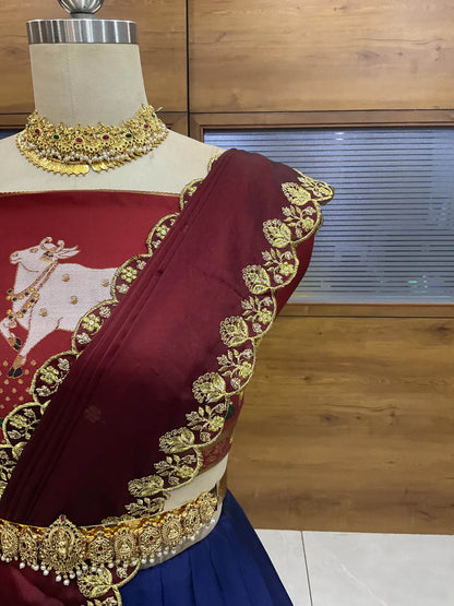 (KaamRango) South Indian Festival Traditional Half Saree with Embroidered Blouse & Dupatta