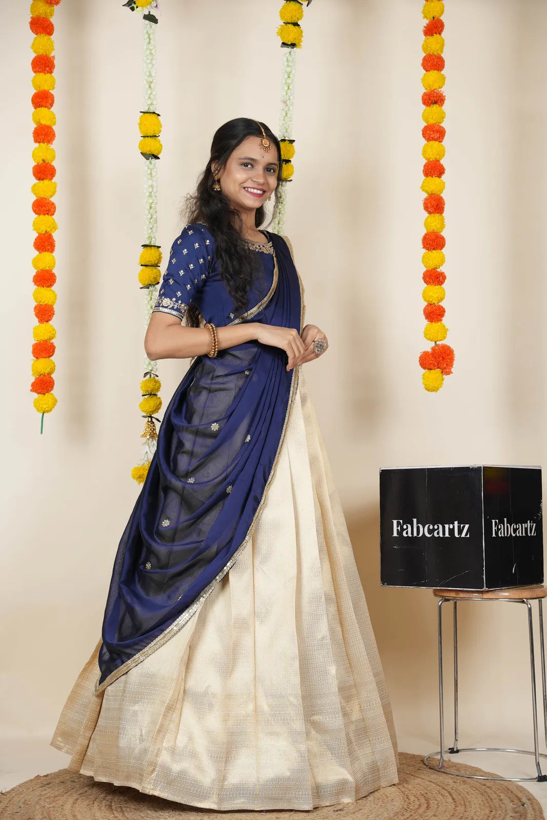[Kiara (kv)]South Indian Festival Traditional Half Saree with Embroidered Blouse & Dupatta