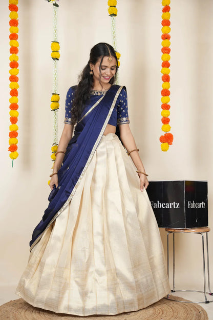 [Kiara (kv)]South Indian Festival Traditional Half Saree with Embroidered Blouse & Dupatta