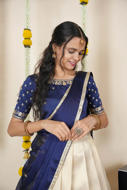 [Kiara (kv)]South Indian Festival Traditional Half Saree with Embroidered Blouse & Dupatta