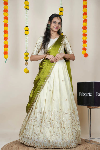 Satyabhumi Women's Embroidered Half Saree with Blouse and Dupatta