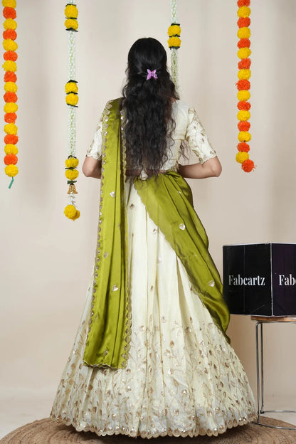 Satyabhumi Women's Embroidered Half Saree with Blouse and Dupatta
