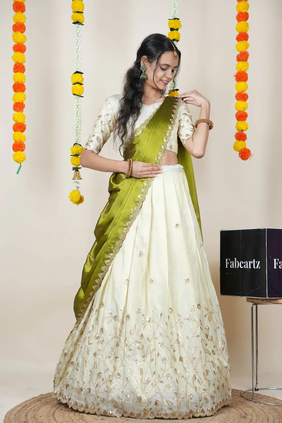 Satyabhumi Women's Embroidered Half Saree with Blouse and Dupatta