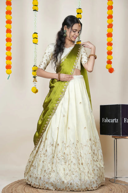 Satyabhumi Women's Embroidered Half Saree with Blouse and Dupatta