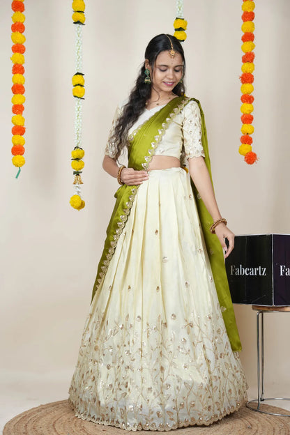Satyabhumi Women's Embroidered Half Saree with Blouse and Dupatta