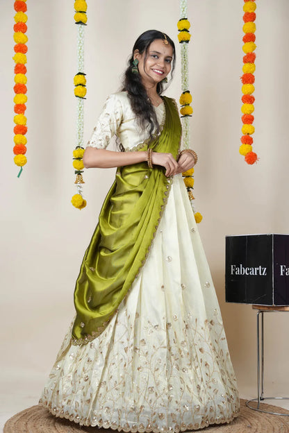 Satyabhumi Women's Embroidered Half Saree with Blouse and Dupatta