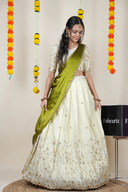 Satyabhumi Women's Embroidered Half Saree with Blouse and Dupatta