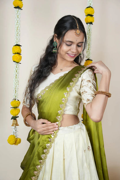 Satyabhumi Women's Embroidered Half Saree with Blouse and Dupatta