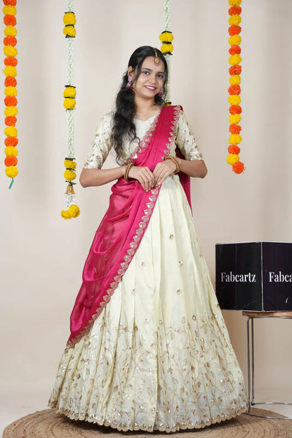 Satyabhumi Women's Embroidered Half Saree with Blouse and Dupatta