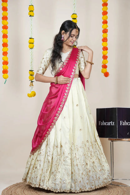 Satyabhumi Women's Embroidered Half Saree with Blouse and Dupatta