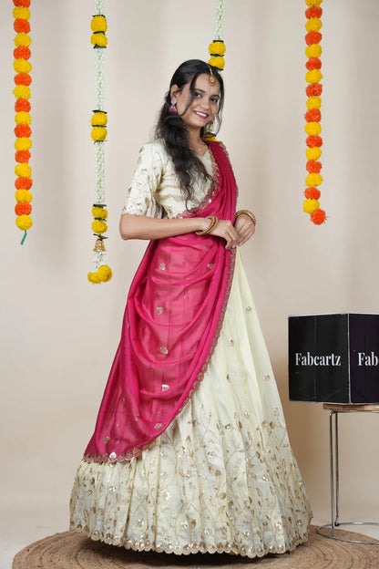 Satyabhumi Women's Embroidered Half Saree with Blouse and Dupatta