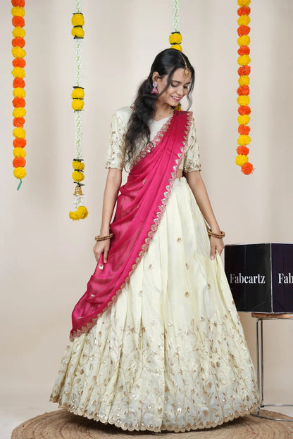 Satyabhumi Women's Embroidered Half Saree with Blouse and Dupatta
