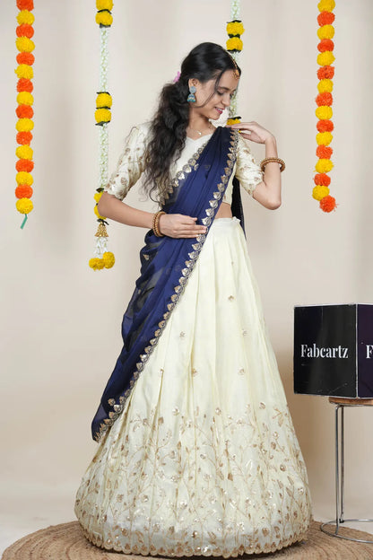 Satyabhumi Women's Embroidered Half Saree with Blouse and Dupatta