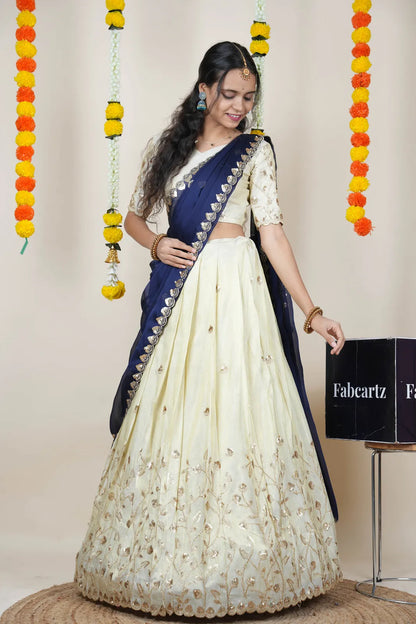 Satyabhumi Women's Embroidered Half Saree with Blouse and Dupatta