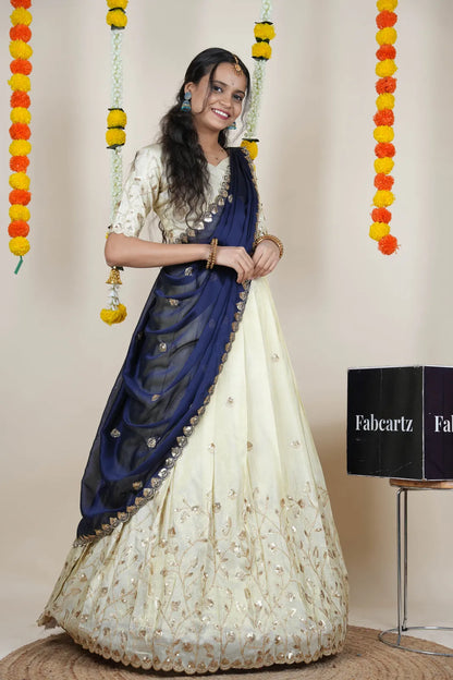 Satyabhumi Women's Embroidered Half Saree with Blouse and Dupatta