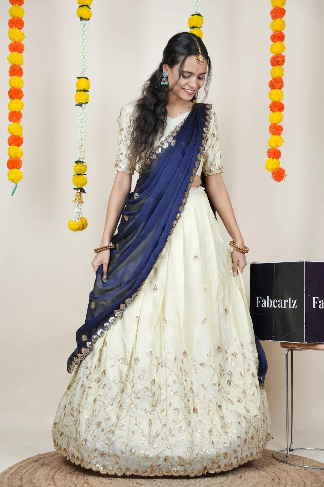 Satyabhumi Women's Embroidered Half Saree with Blouse and Dupatta