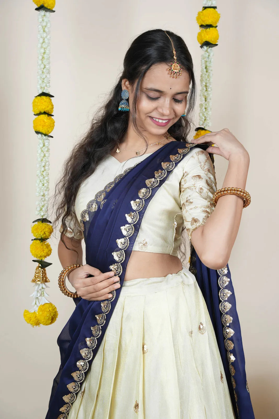 Satyabhumi Women's Embroidered Half Saree with Blouse and Dupatta