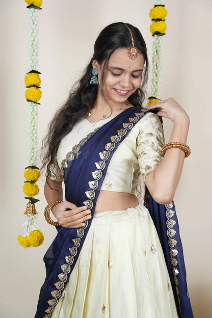 Satyabhumi Women's Embroidered Half Saree with Blouse and Dupatta
