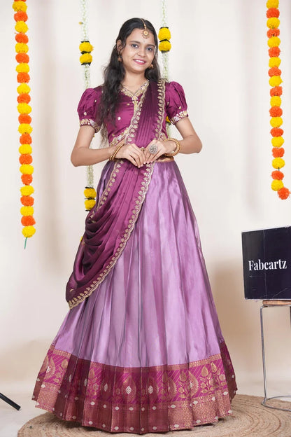 Ravleena   Women's Woven Design zari work Half Saree with Embroidered Blouse and Dupatta