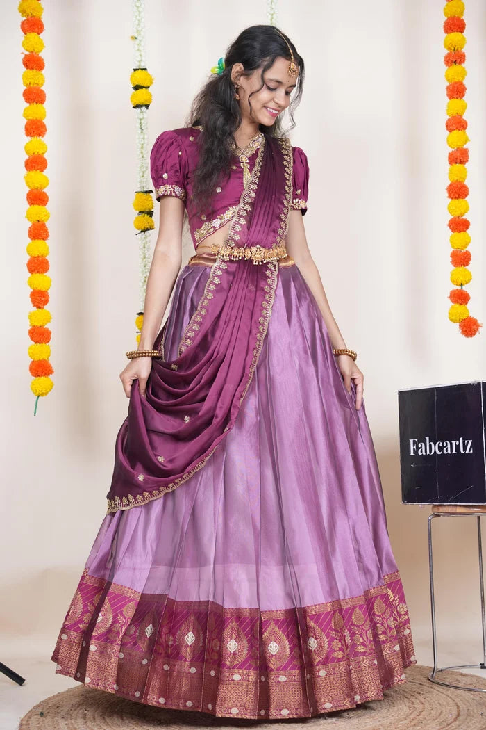 Ravleena   Women's Woven Design zari work Half Saree with Embroidered Blouse and Dupatta