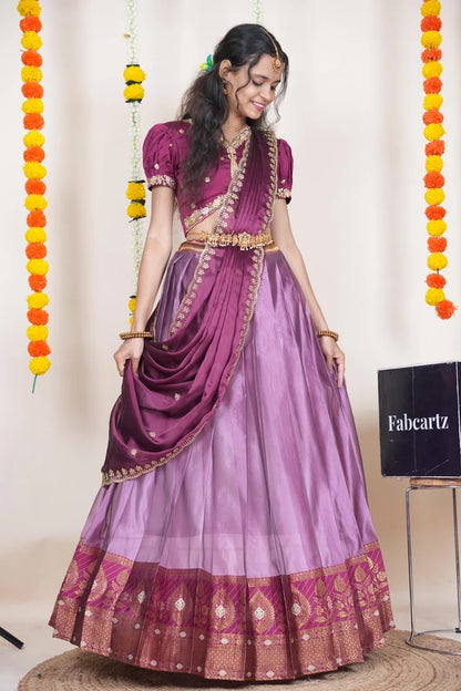 Ravleena   Women's Woven Design zari work Half Saree with Embroidered Blouse and Dupatta