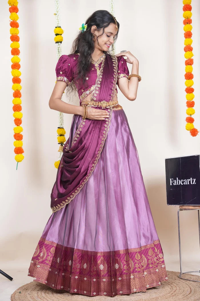 Ravleena   Women's Woven Design zari work Half Saree with Embroidered Blouse and Dupatta