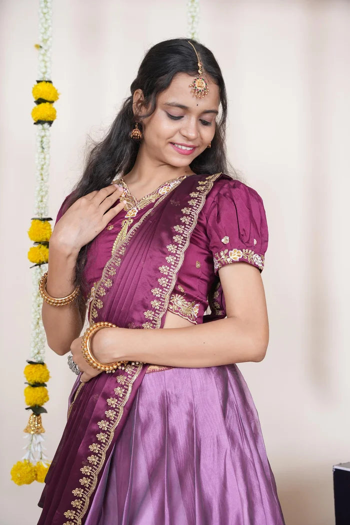 Ravleena   Women's Woven Design zari work Half Saree with Embroidered Blouse and Dupatta
