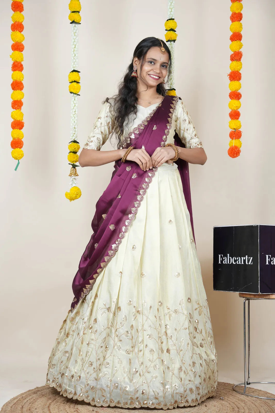 Satyabhumi Women's Embroidered Half Saree with Blouse and Dupatta